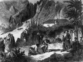 Reise von Napoleon III., Kaiser der Franzosen, nach Algerien. September 1860. Napoleon III. Mittagessen an der Affenschlucht empfängt Barka. Gravur von 1865.