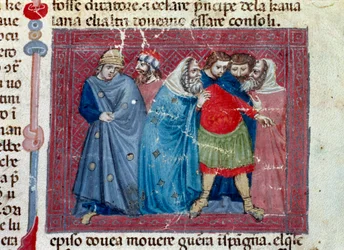 Julius Caesar (101-44 v. Chr.) auf dem Thron. Detail einer Manuskriptseite „Taten der Römer“ (Ms 1538, fol 1v) um 1340. Florenz, Biblioteca Riccardiana