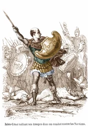 Julius Caesar ruft seine Truppen im Kampf gegen die Nervier zusammen - Gravur