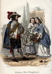 König Karl I. von England (Charles I Stuart) (1600-1649) verführt junge Frauen. Gravur von 1842 in „Histoire des papes“ von Maurice Lachatre. Private Sammlung.