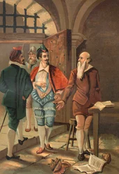 König Heinrich III. mit Bernard Palissy (1510 - 1589). Chromolithographie des späten 19. Jahrhunderts, basierend auf „La Ciencia y sus Hombres“ von Louis Figuier. Barcelona 1881