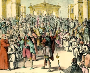 König Heinrich IV. (1553-1610) berührt die Stirn eines Kranken