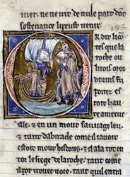 König Modreius. Manuskript: Eroberung des Heiligen Grals, geschrieben 717 Jahre nach der Passion unseres Herrn. Bibliothèque municipale de Rennes, ms. 255 (Sammlung von Romanen der Tafelrunde); Paris