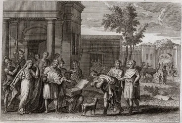 Königreichsbibel, Altes Testament: Abimelech von Gott bestraft. Abimelech (Abimelec oder Ahimelech oder Ahimelek), König von Gerar, der Sarah (Sarah), Abrahams Frau, mit Gewalt genommen hatte, aber glaubte, sie sei nur seine Schwester, wird von Gott getäus