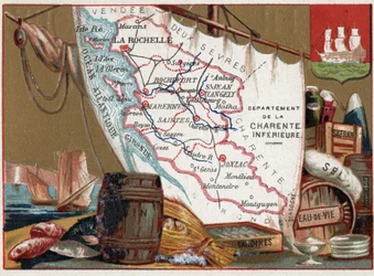 La Charente Inférieure, Poitou-Charentes, Frankreich. Wein, Brandy, Sardinen, Salz, Safran, Trockenfisch, ca. 1920