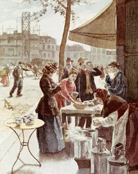 Die Milchfrau, 6 Uhr morgens am Sonntag. Farbige Gravur 14. Juli 1895. Paris, Musée Carnavalet