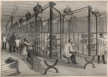 Die Briefpost: das Sortieren der Briefe im Hôtel des Postes in Paris - Gravur in „La Science française“