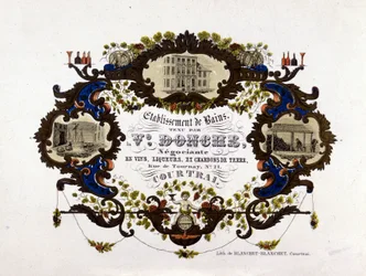 Etikett für eine Weinkellerei, Liköre und Erdkohlen. Lithographie