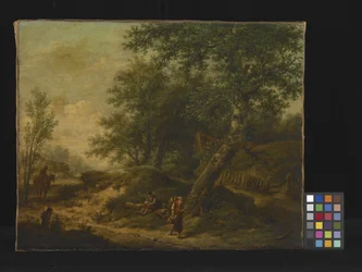 Landschaft mit Hütte und Reisenden