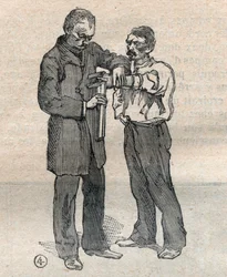 Die gerichtliche Anthropometrie oder Bertillonage, Methode von Alphonse Bertillon (1853-1914): Messung des Mittelfingers und des linken Ringfingers - Gravur in „La Science francaise“