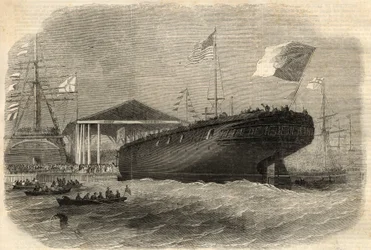 Stapellauf der portugiesischen Korvette „Sagres“ in Limehouse (London). Gravur in „The Illustrated London News“ vom 5. Juni