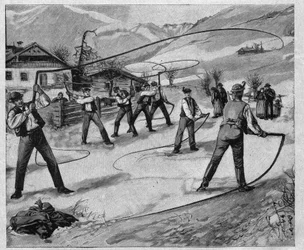 Die Peitschenknaller des Salzkammerguts - Salzkammergut: An mehreren Sonntagen nach Neujahr knallen die jungen Männer von Salzburg (Österreich) mit Peitschen, um die Natur aus ihrem Winterschlaf zu wecken - Gravur 1897