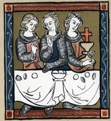 Artussage: Galahad (Gaalad oder Galaad), Perceval und Bohort (Bors oder Borrt) mit dem Heiligen Gral. In „Geschichte der französischen Literatur“ von Hermann Suchier