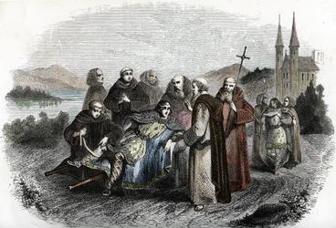 Legende von den Gelähmten von Jumièges: Die beiden Söhne des merowingischen Königs Chlodwig II., die für ihre Auflehnung gegen ihren Vater bestraft wurden, werden um 660 von den Mönchen der Abtei Jumièges bei Rouen aufgenommen (Die Söhne König Chlodwigs
