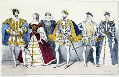 Die Valois: Franz I. (1494-1547) und Claude von Frankreich (1499-1524), Katharina von Medici (1519-1589) und Heinrich II. (1519-1559), Franz II. (1544-1560) und Maria Stuart (1542-1587) - Tafel aus „Könige und Königinnen von Frankreich in Stichen“, Paris, 