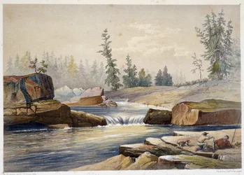 Die Papineau-Wasserfälle - in „Sketches on the Nipisaguit, a River of New Brunswick in America“ von William Hickman, ed. Halifax