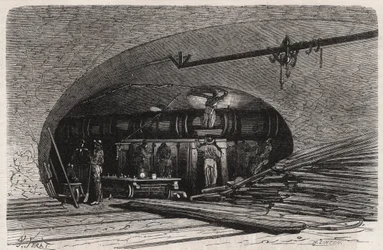 Die Abwasserkanäle von Paris: Biegung der Leitung in der Nähe der Saint-Michel-Brücke, Place du Chatelet - Gravur in 