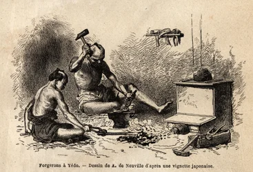 Schmiede vor ihrer Schmiede in Yedo (oder Edo, kaiserliche Hauptstadt, heutiges Tokio). Gravur zur Illustration der Reise nach Japan in den Jahren 1863-1864 von Aime Humbert, Minister der Schweizerischen Eidgenossenschaft, in „Le tour du monde, nouveau jou