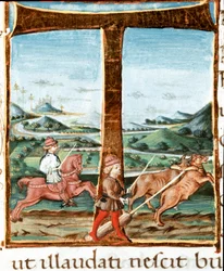Verzierte Initiale T mit einem Reiter und einem Ochsentreiber - Miniatur aus „Die Bukolika“ (Eklogen) von Vergil (Publius Vergilius Maro) (70-19 v. Chr.) (Ms. IV E.12), 15. Jahrhundert, Neapel, Biblioteca Nazionale