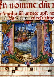 Lettrine eines Chores aus dem 15. Jahrhundert. Erscheinung Christi nach seiner Auferstehung am See Tiberias. Biblioteca nazionale Braidense, Mailand