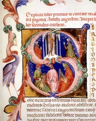 Lettrine „s“ mit Miniatur, die Heiden zeigt, die ihr Idol verehren, darunter zwei Musiker und ein Sänger - in „De civitate dei“ von Augustinus, frühes 15. Jahrhundert. Municipal Bibl. von Rimini