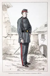 Leutnant der Friedenswächter des Bataillons von Versailles (1871-1873). Farbradierung zur Illustration des Buches Histoire du corps des gardiens de la paix