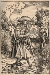 Das Bild des Pilgers - Der Pilger mit seinem Hund vor einem Schloss, Illustration aus einer Ausgabe der Opera von Johannes Gerson, veröffentlicht 1514