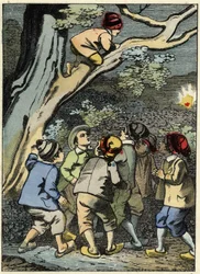 Der kleine Däumling klettert auf einen Baum und sucht seinen Weg. Er sammelt ein Licht im Wald. Illustration des Märchens „Der kleine Däumling“ von Charles Perrault.