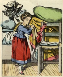 Rotkäppchen bei ihrer Großmutter. Illustration des Märchens „Rotkäppchen“ von Charles Perrault