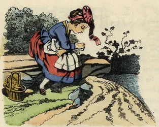Rotkäppchen ruht sich auf dem Weg aus. Illustration des Märchens „Rotkäppchen“ von Charles Perrault.