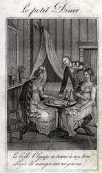 Kleines Abendessen. Olympe de Gouges (1748-1793), französische Schriftstellerin und Revolutionärin mit Céline, einer ihrer Freundinnen.