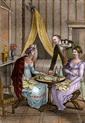 Kleines Abendessen. Olympe de Gouges (1748-1793), französische Schriftstellerin und Revolutionärin, mit Céline, einer ihrer Freundinnen. In „Ratschläge an meine Tochter“ von Jean Nicolas Bouilly (1763-1842). 1820. Private Sammlung.