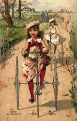 Kleine Mädchen fahren Dreirad. Chromolithographie um 1890