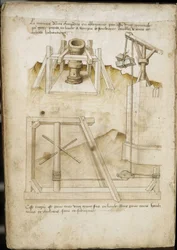 Lasthebesystem für Baustellen - Manuskript: Pergamentblatt eines Ingenieurhandbuchs für den Bau ziviler, religiöser und militärischer Gebäude, anonym, späte 15. Jahrhundert (Figur in chinesischer Tinte)