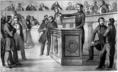 Louis-Napoleon (Napoleon III.) schwört der Republik am 20. Dezember 1848 die Treue - Eid von Louis Napoleon III. (Louis-Napoleon), der offiziell zum Präsidenten der Republik ausgerufen worden war, vor der Nationalversammlung am 20. Dezember 1848. Er