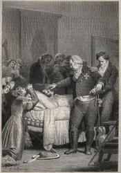 Louis XVIII am Sterbebett des Herzogs von Berry - Die letzten Momente des Herzogs von Berry am 13. Februar 1820 (1778-1820) in der Oper von Paris, umgeben von Louis XVIII und der königlichen Familie - Kupferstich in „Histoire de France racontée à mes petit
