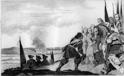 Ludwig XV. (1710-1774) in der Schlacht von Fontenoy 1745 - Österreichischer Erbfolgekrieg (1740-1748) - Maurice von Sachsen, Marschall von Sachsen (1696-1750), siegreich in der Schlacht von Fontenoy, trifft den König von Frankreich, Ludwig XV. (1710-1774) 