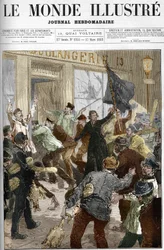 Louise Michel (1833-1905), eine französische Revolutionärin, schwenkt eine schwarze Fahne mit der Aufschrift „Brot oder Tod“ während der Plünderung einer Bäckerei bei der Arbeiterdemonstration am 9. März 1883 in Paris