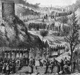 Lourdes 1864: die Prozession zur Grotte zur Einweihung der Statue der Unbefleckten Maria