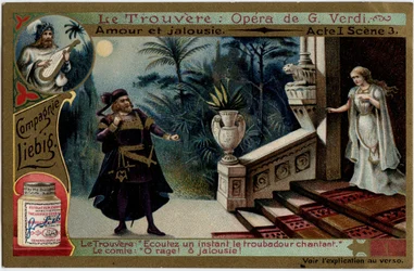 Liebe und Eifersucht Akt I Szene 3. Illustration für die Oper „Der Troubadour“ (Il trovatore) von Giuseppe Verdi (1813-1901). Chromolithographie (Chromo) Liebig aus dem späten 19. Jahrhundert.