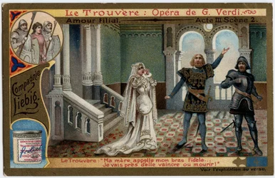 Liebe und Pflicht, Akt III Szene 2. Illustration für die Oper „Il trovatore“ von Giuseppe Verdi (1813-1901). Chromolithographie (Chromo) Liebig aus dem späten 19. Jahrhundert.