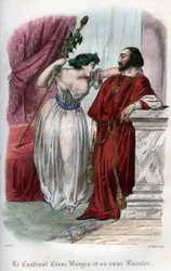 Lucrezia Borgia (1480-1519) mit ihrem Bruder Cesare Borgia (Lucrezia und Cesare Borgia). Stich von 1842 in „Histoire des papes: crimes, meurtres, empoisonnements, parricides, adultères, inceste...“ von Maurice Lachâtre. Privatsammlung.