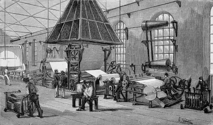 Maschine zur Herstellung von Endlospapier. Gravur 19. Jahrhundert