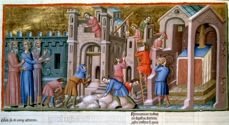 Maurer, Steinmetze und Arbeiter auf einer Baustelle einer Miniaturstadt aus dem 14. Jahrhundert „Psalter von Canterbury“. B.N. Paris