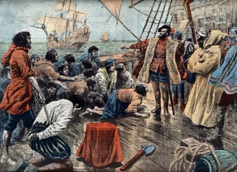 Magellan (1480-1521) beruhigt eine Meuterei seiner Crew auf San Julian im Jahr 1520 (Gravur)