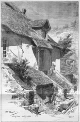 Haus von George Sand (Aurore Dupin, Baronne Dudevant) (1804-1876), französische Schriftstellerin, in Gargilesse (Indre) an den Ufern der Creuse in Frankreich. Gravur in „Le Monde Illustré“