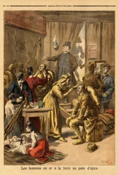 Schminken von Schauspielern eines lebenden Gemäldes „Männer in Gold“ für die Lebkuchenmesse. Gravur in „Le petit journal“ 16/04/1894. Selva Sammlung.