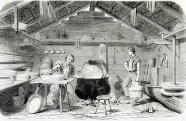 Herstellung von Gruyère-Käse in einem Schweizer Chalet oder einer Käserei in den Alpen - in „Die Wunder der Industrie“ von Louis Figuier