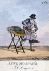 Mann, der Zwiebeln auf einer an seinem Gürtel hängenden Waage wiegt. Illustration des 19. Jahrhunderts. Gravur des 19. Jahrhunderts
