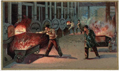 Herstellung von Leuchtgas: Beladung von Cornu. Chromolithografie aus dem späten 19. Jahrhundert